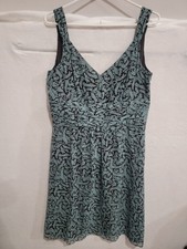 Ann Taylor Size 12 Silk Dress Teal Blue Leaf Print Empire Waist V-Back Boho