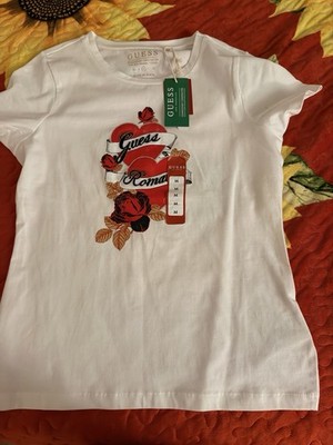 GUESS Girls M White/Red Logo Rose Graphic Crew Neck Short Sleeve Cotton Tee