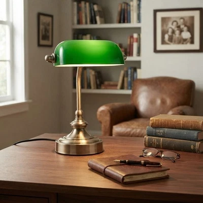 Elegante Lámpara de Escritorio Banquero de Vidrio Verde con Acabado Bronce para Espacios Elegantes - Imagen 1 de 4