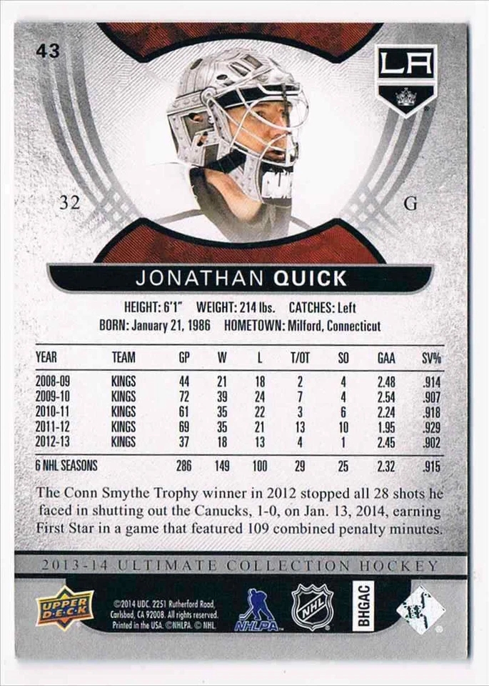 2013-14 ULTIMATE COLLECTION JONATHAN QUICK 444/499 LOS ANGELES KINGS #43 - Image 2 of 2