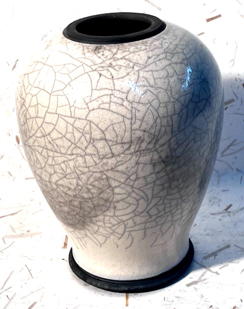 Kintsugi Raku,Lrg White/Black Crackle Vase/Urn, C. Dockins, Kintsugi Lid, Exc