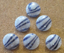 6-Czech Glass Dark Blue Stripes-Plain Design-White Glossy Buttons- 15 - 16.77mm
