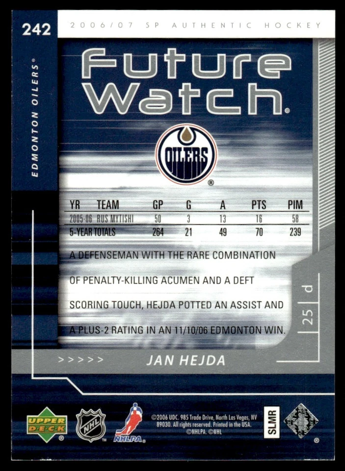 2006-07 SP AUTHENTIC FUTURE WATCH Jan Hejda Rookie 725/999 Edmonton Oilers #242 - Image 2 of 2