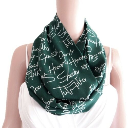 Emerald Green And White Pattern Infinity Scarf. Word Print Chiffon Circle Scarf. - Picture 1 of 2