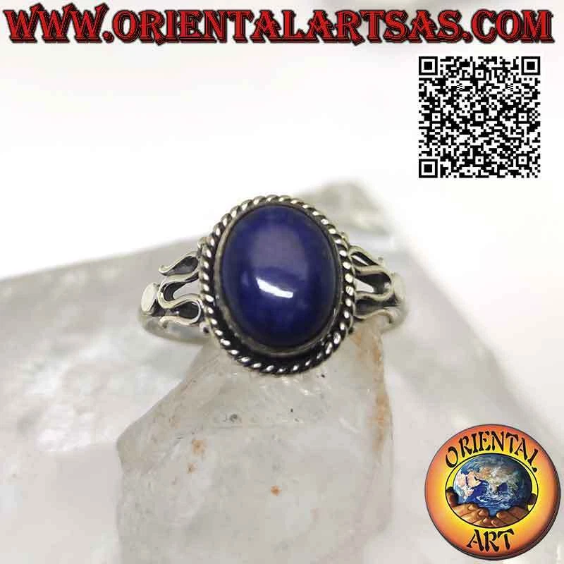 Anello in argento 925 ‰ lapislazzulo ovale cabochon contornata da intreccio e se - Immagine 2 di 4