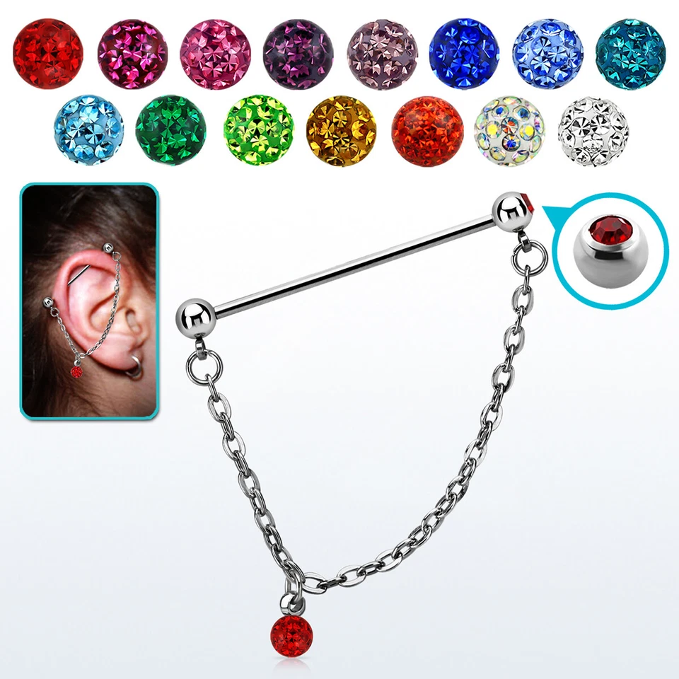 14G Ear Industrial Barbell Resin Dangling with chain and 5mm Press Fit Gems Ball - Image 3 of 4