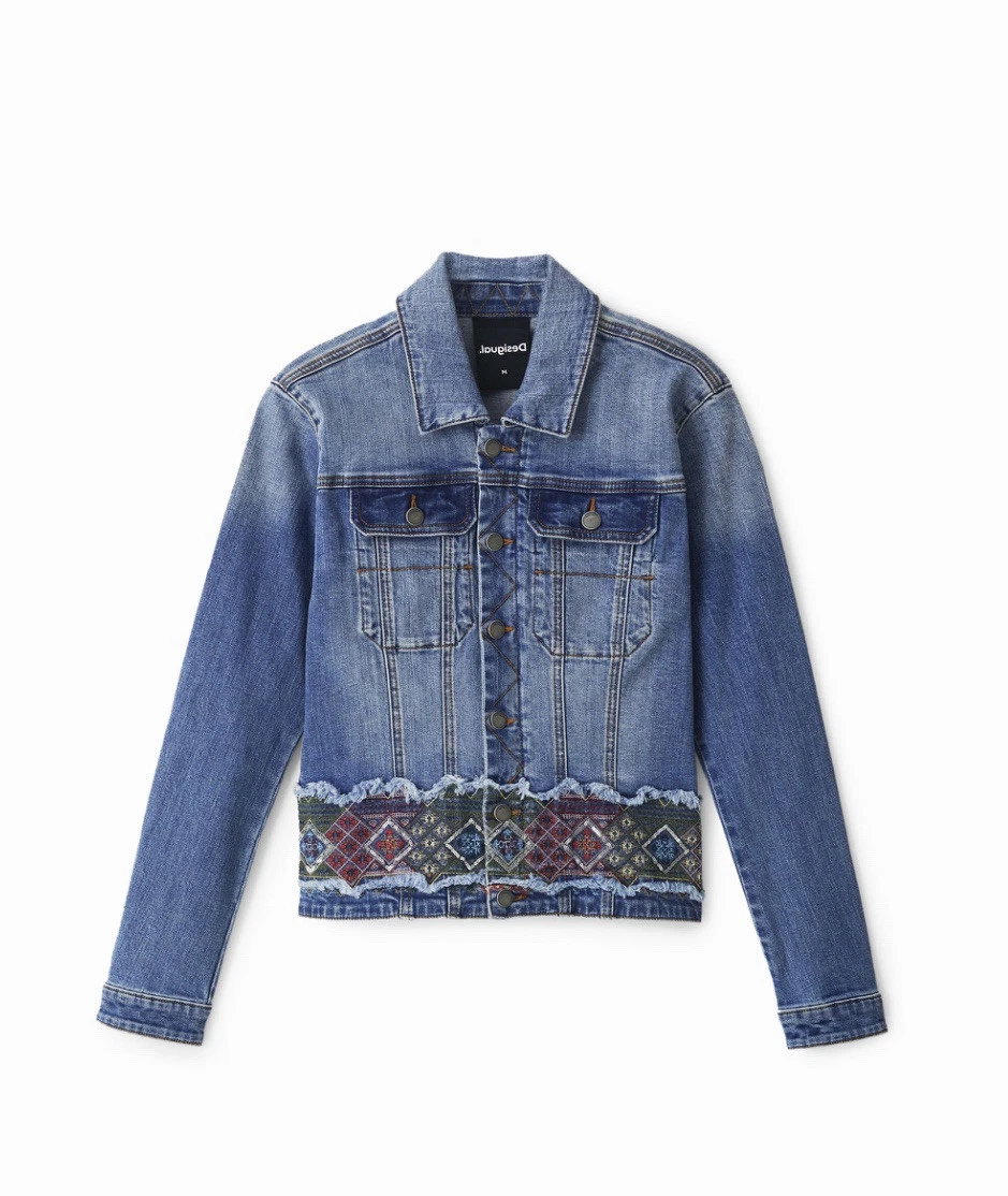 Desigual Bohemian Boho Small Woman’s/girls Denim Jacket With Border NWT Artsy XS
