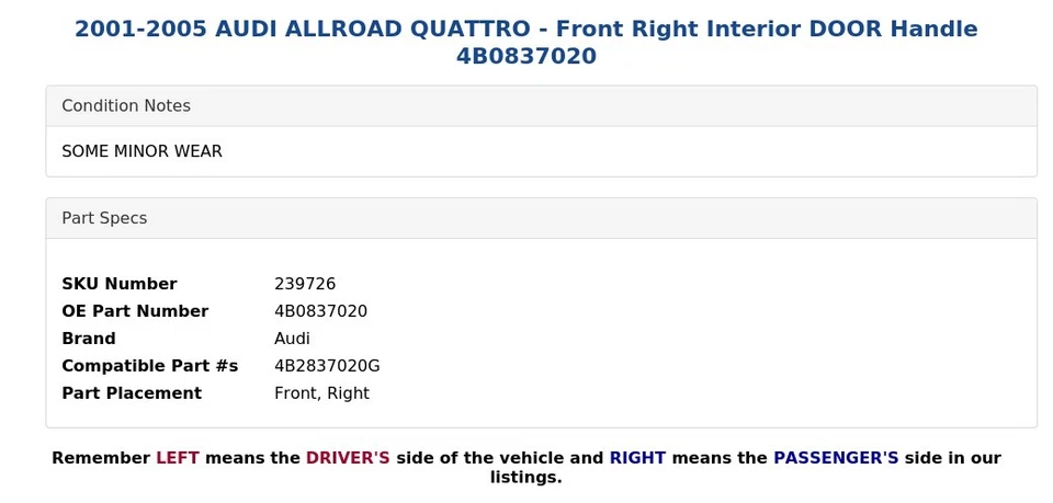 AUDI ALLROAD QUATTRO 2001-2005 - Manija puerta interior delantera derecha 4B0837020 Foto 3 de 4