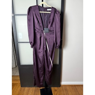 NWT Ieena for Mac Duggal Purple Front Twist Puff Sleeve Deep V Jumpsuit Size 12