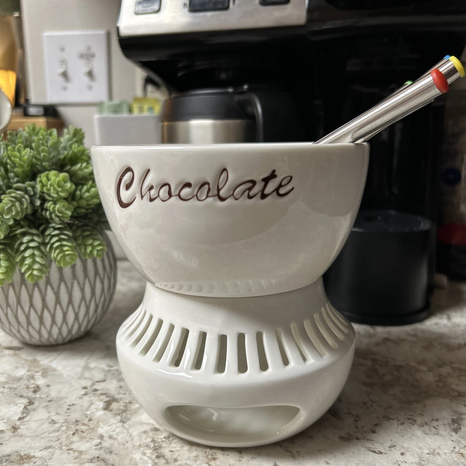 Williams Sonoma Chocolate Fondue Set White Porcelain Warmer Bowl w/ 5 Forks
