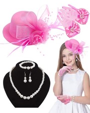 Mini Tea Party Hat Girl Fascinator with Pearl Necklace Earring Gloves Set for...