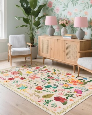 Boho Washable Area Rug 4x6   Floral Low Pile Non-Slip Carpet for Living Room,...