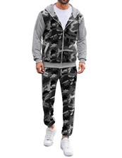 Mens Fleece Sweatsuit Camo Tracksuit Full Zip Jacket Set Casual 2 Piece Outfi...