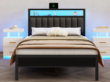 Queen Size Bed Frame with Charging Station, LED Bed Frame, Headboard with Frame