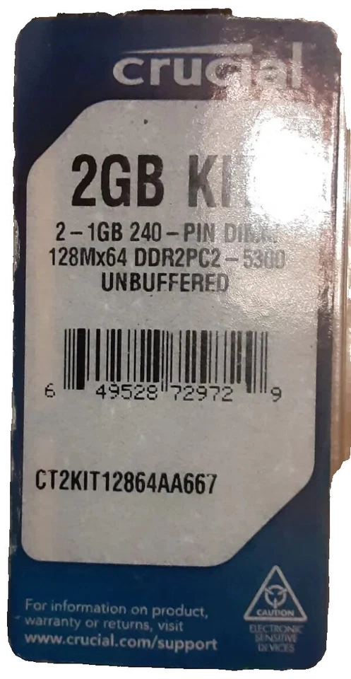 Crucial PC2-5300 DDR2 UNBUFFERED MEMORY 2gb Kit PC2-5300. - Image 2 of 4