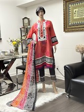 Embroidered Orange Lawn Shalwar Kameez Pakistani Chiffon Dupatta Women Casual