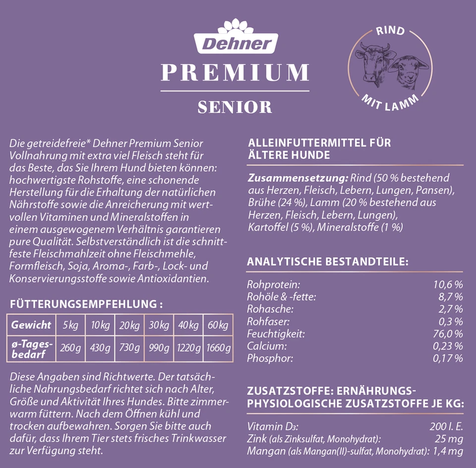 Hundefutter Nassfutter Senior getreidefrei Rind Lamm versch. Größen Dose, Dehner - Bild 2 von 2