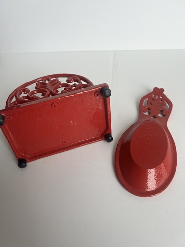 Red Enameled Solid Cast Iron Rounded Napkin Holder and Spoon Rest Set - Picture 7 of 8