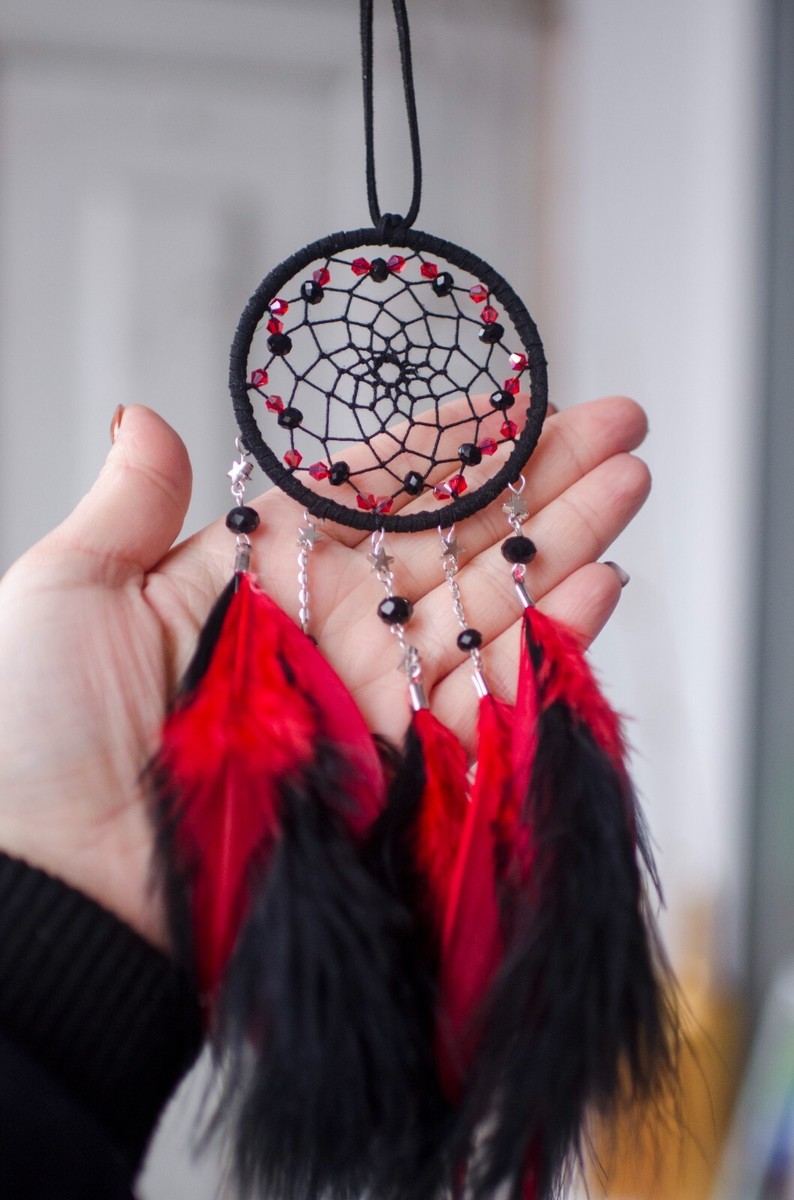 Small Dream Catcher Beaded Car Black Red Wall Hanging