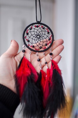 Handmade Black Dream Catcher With Beads & Feathers - Wall Hanging Decor & Meaningful Gift, 4.5" Diameter
