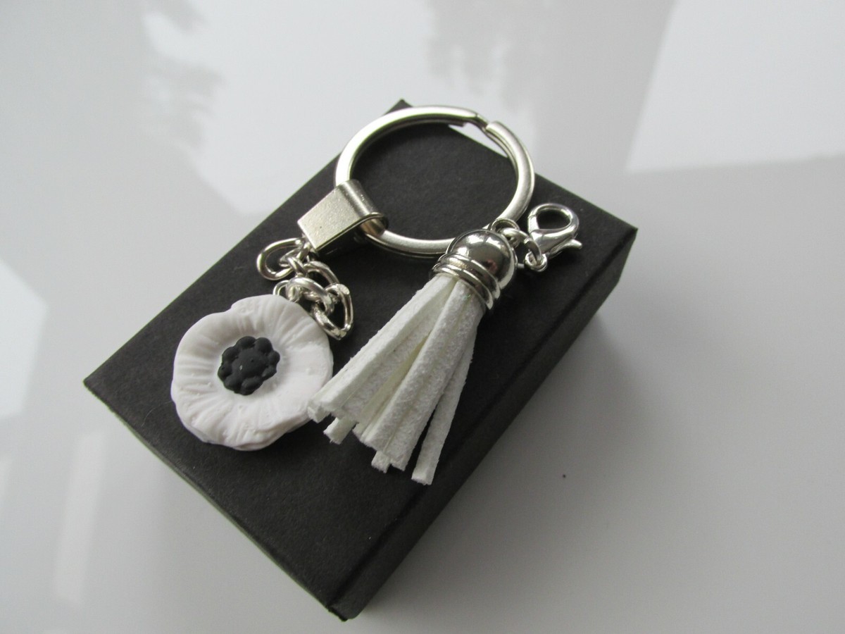 Handmade Fimo White Peace Poppy Tassel Charm Keyring Great