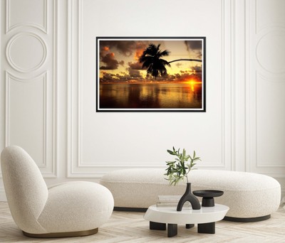 A Bent Palm Tree over Lake with Cloudy Sunset Sky Premium Quality Poster