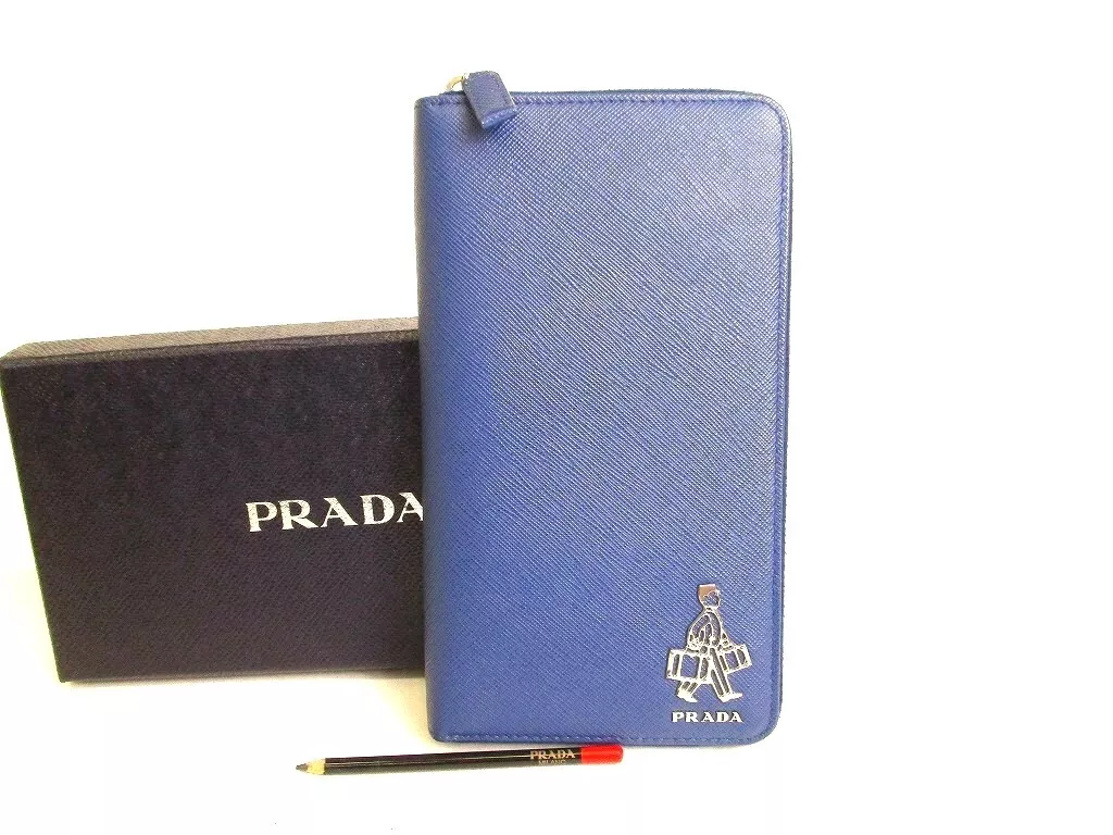 Authentic, pre-owned PRADA Long Zip Blue Saffiano Leather Wallet