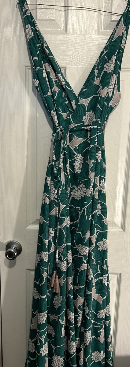 Aakaa Green Floral Wrap Bodice Deep Vneck Dress Tassel Tie Size