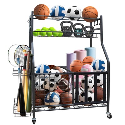 Sports Equipment Garage Organizer, Garage Ball Storage Rack with Basket, Hook...