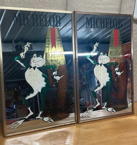 2 Vintage Anheuser Busch Michelob Beer Frog Mirror Glass Wall Hanging Beer Sign