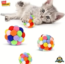 3PCS Cat Plush & Bell Ball Set – Colorful Wool, Elastic Bell, Self-Play Toys