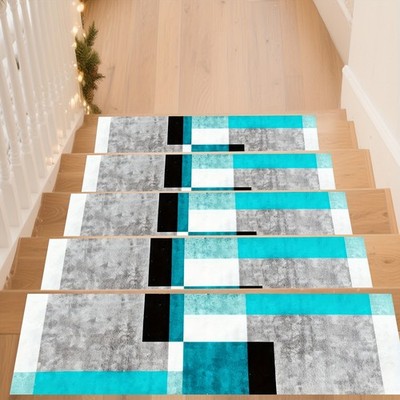 15pcs of Blue-Gray Geometric Patterned Printed Stair Carpets with Rubber Non-S