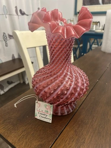Fenton Cranberry museum swirl Spiral Hobnail Ruffled Optic Vase 11”  Opalescent