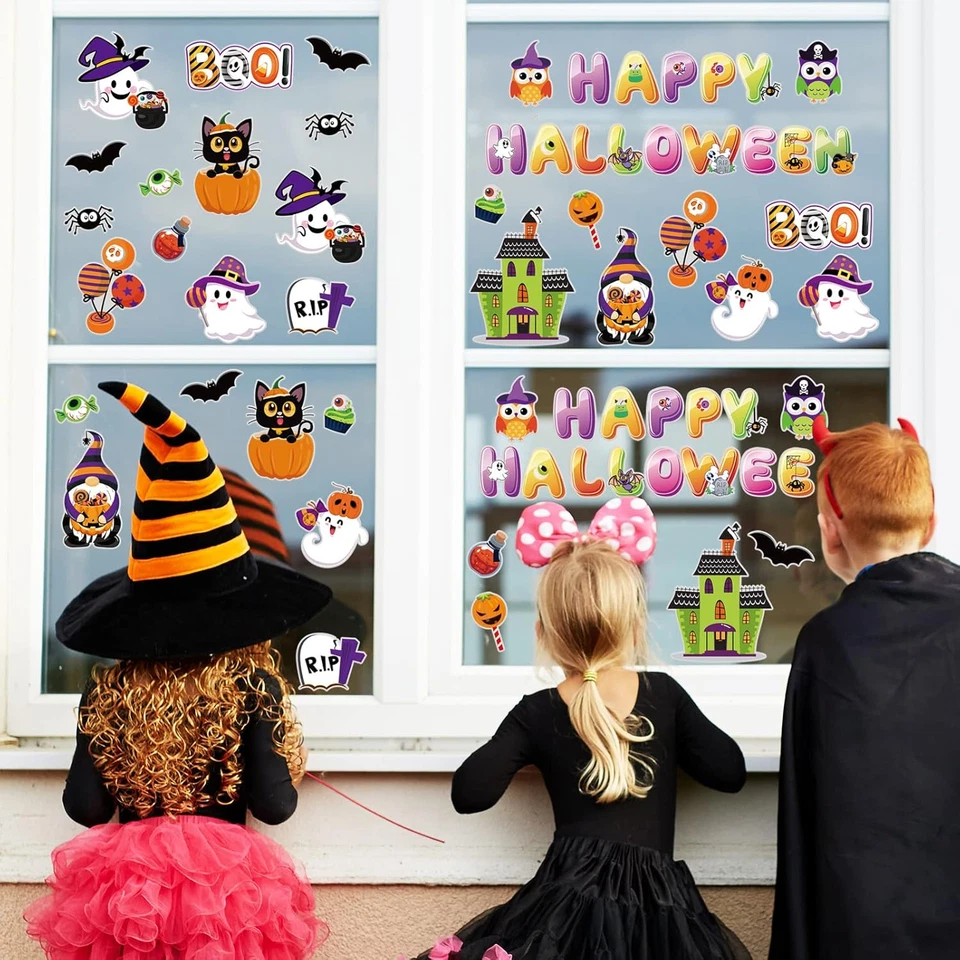 40 piezas calcomanías adhesivas de gel grueso de Halloween fantasma gnomo gato murciélago ventana  Foto 4 de 4