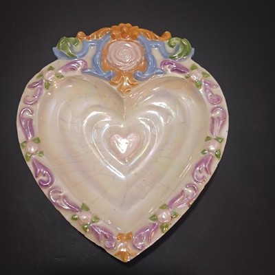 Heart Shaped Ceramic Candy Dish 10 in Iridescent Crackle Glaze Floral Rim