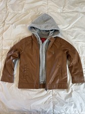 GUESS Boys Brown Faux Leather Hooded Jacket Size 7 Long Sleeve Full Zip