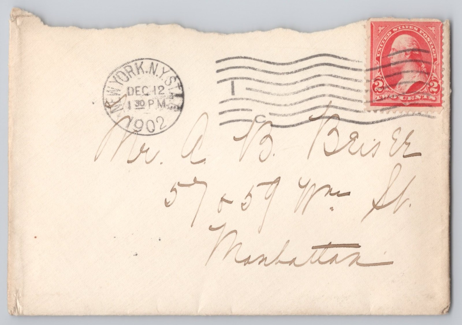 New York, NY Machine-cancel cover, 2c Washington stamp, hand-addressed 1902
