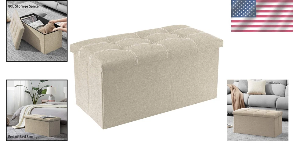 Stylish Rectangular Linen Folding Ottoman - Ideal Footrest & Storage Solution - Image 2 of 4