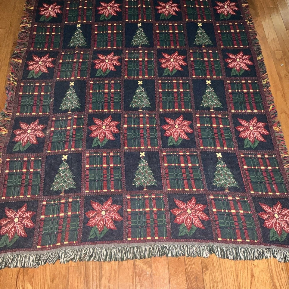 Manta reversible vintage de Navidad de los 90 con flecos para regazo imitación retazos 1993 Foto 3 de 4