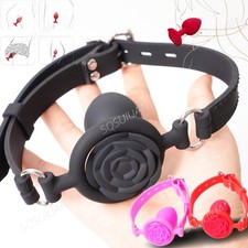Silicone O-Ring Mouth Gag Anal Plug Rose Bottom Dilator Restraint Strap Set SM