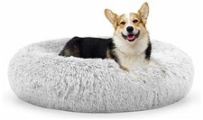 Calming Donut Dog  Cat Bed - Shag Fur, Medium, Anti-Anxiety, Plush Round