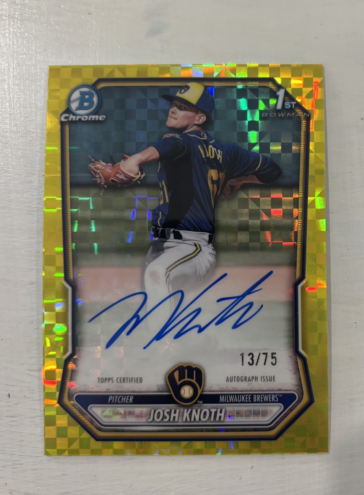 2026 Bowman Chrome Josh Knoth 1st Bowman Yellow x-Fractor Auto /75 Brewers RC