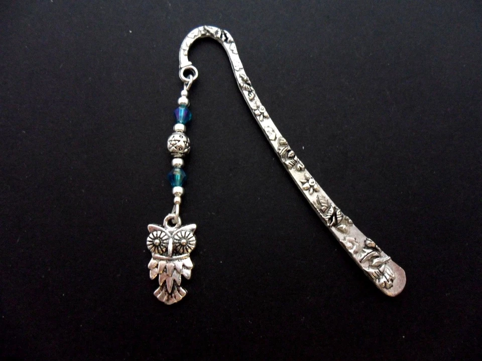 ROSIES JEWELLERY A TIBETAN SILVER OWL CHARM & BLUE CRYSTAL BEAD BOOKMARK. NEW.
