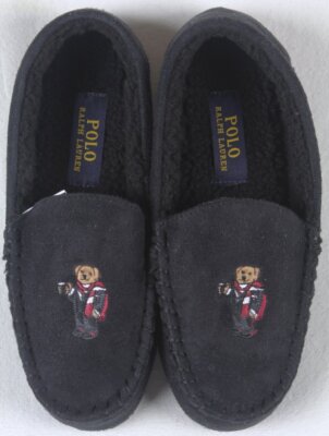 POLO Ralph Lauren Little Kids Black Teddy Bear Hot Coco Slippers Rubber Sole NWT