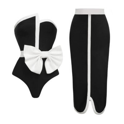 Flaxmaker Women Off Shoulder Bow Tie One Piece Swimsuit and Skirt ...