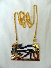 Large Egyptian Brass Gold Plated Blue White Eye Of Horus Isis Necklace 1.75X2.75