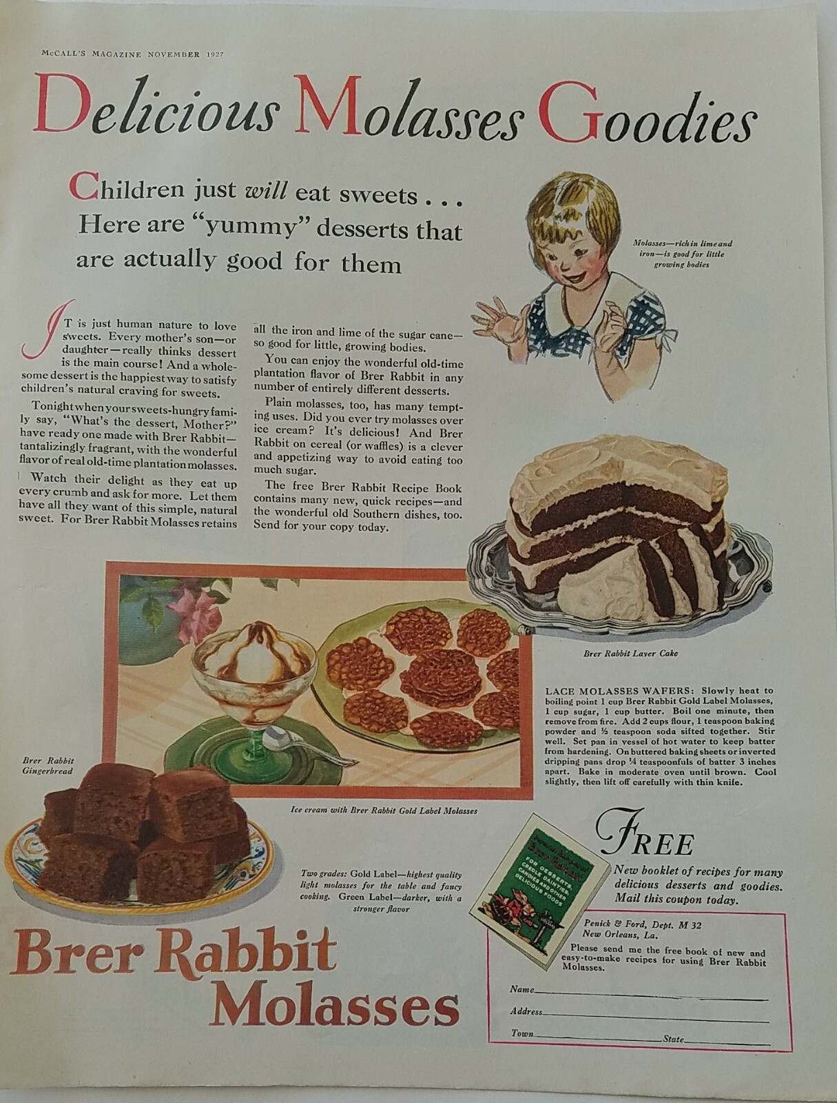 1927 Brer Rabbit molasses lace wafers cookies recipe vintage ad eBay