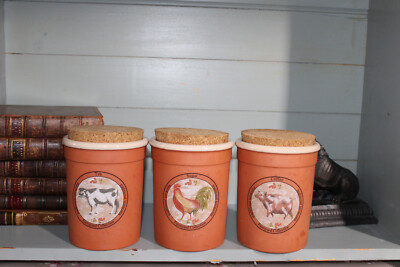 80er Jahre rustikale Bauernküche Terrakotta Tee, Zucker, Kaffeedose, Set, Schwein, Kuh, Huhn