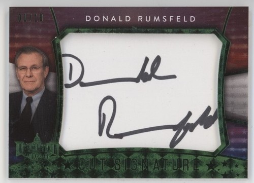 DONALD RUMSFELD Leaf Decision 2020 AUTO CUT SIGNATURE GREEN 01/10 - Picture 1 of 2