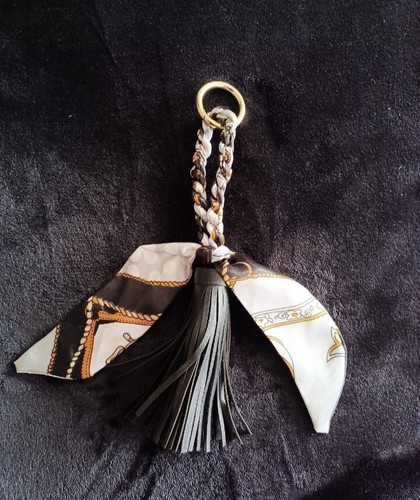 Black Soft Leather Ribbon Bow Knot Tassel Keychain